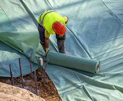 Installing plastic vapor barrier before pouring concrete slab, helping to prevent moisture from migrating up from the dirt and creating a wet slab.