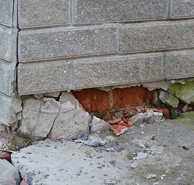 Foundation house wall damage from wetness. Foundation walls without waterproofing. Cracked foundation wall corner.